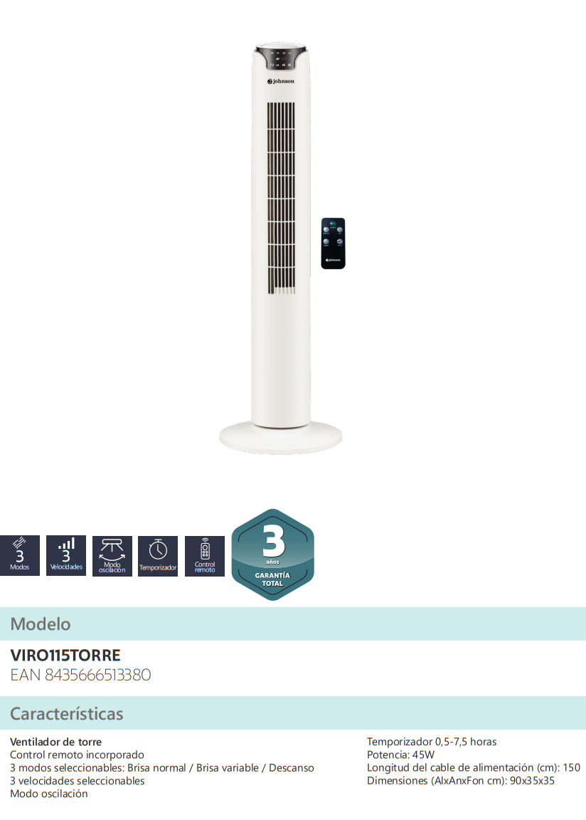 Especificaciones del Ventilador de Torre JOHNSON VIRO115TORRE